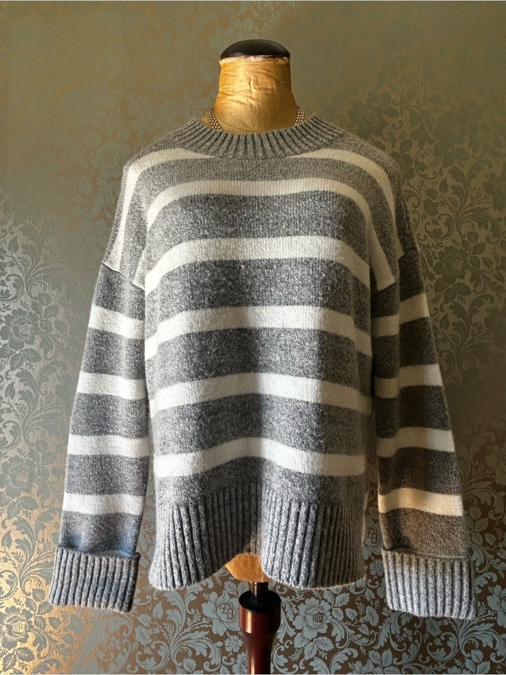Dex Grey & White Striped Oversized Knit Pullover Sweater - Size M